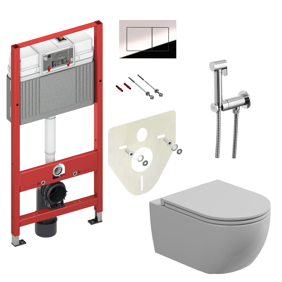 Комплект: Подвесной унитаз с крышкой и креплением GSG Ceramic Design Like LKWCSO000+LKCOPRSLTICR000+ACS40EX, белый глянцевый + инсталляция TECE Profil 9400412 c кнопкой + гигиенический душ Remer N64W