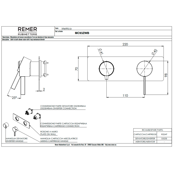 Смеситель для душа Remer Metrica MC93ZWB, хром