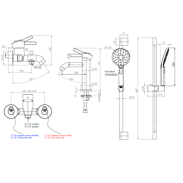 Набор смесителей для ванной комнаты Remer Metrica MC0512315LMPI