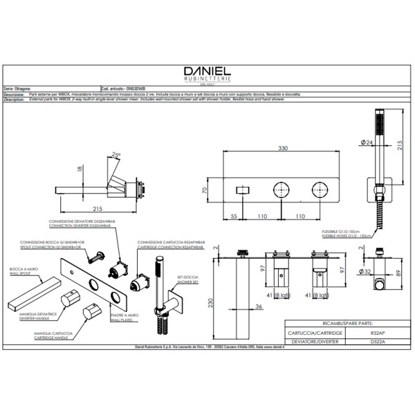 Смеситель для ванны Remer Ottagono ON53D2WBNO, черный матовый