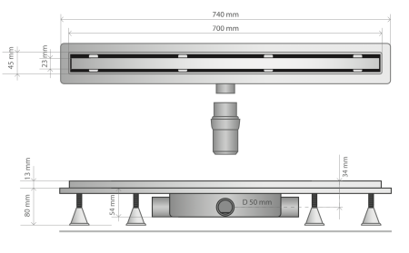 Дренажный канал 70 см, решетка под плитку, гидрозатвор, ABS, горизонтальный выход OMP Tea Basicflow 4943.903.8