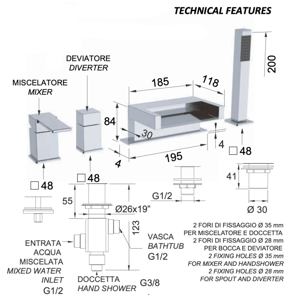 Смеситель для ванны Remer Qubika Cascata QC06DO, золото глянцевое