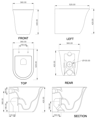 Чаша приставного унитаза с креплением GSG Ceramic Design Flut RUFLWC01000PFI, белый глянцевый
