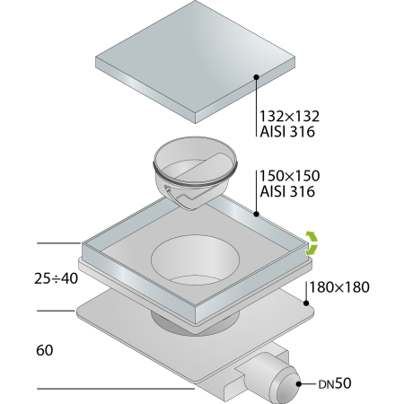 Трап 150х150 мм, сухой затвор, горизонтальный выход OMP Tea Tirana 2665.792.8