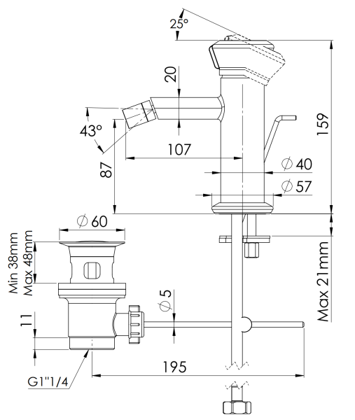 Смеситель для биде Remer Element ET20XV, сталь
