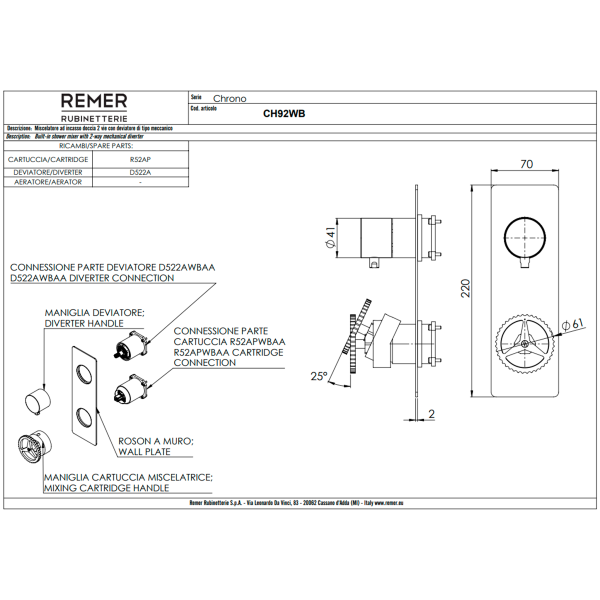 Смеситель для душа Remer Chrono CH92WBXV, сталь