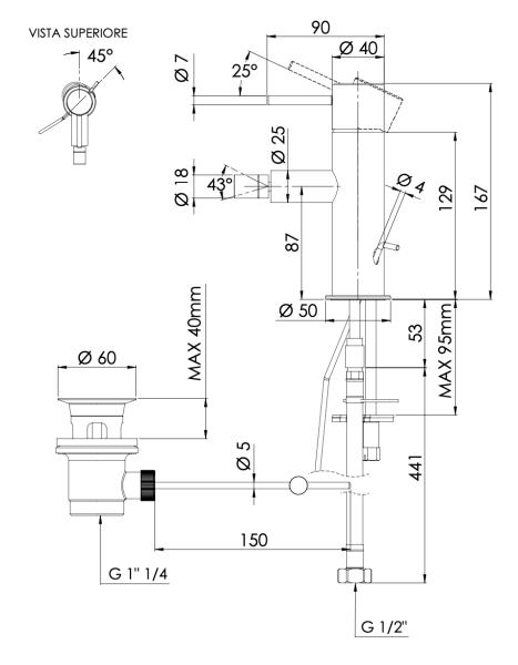 Смеситель для биде Mariani Next A16493NS12, нержавеющая сталь