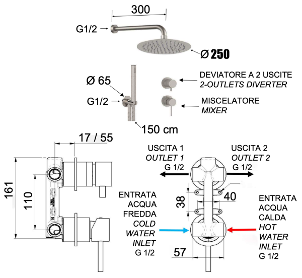 Душевая система Remer X Style INOX SSX92PS02UFM25, нержавеющая сталь