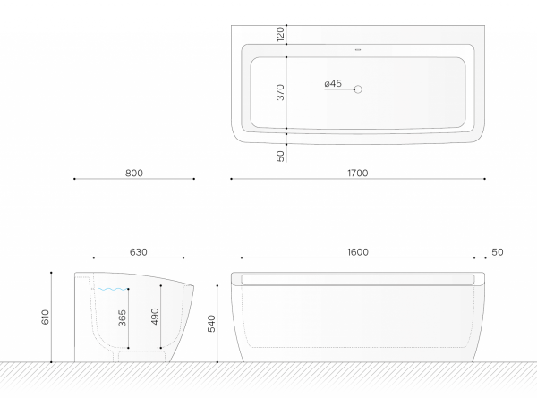 Ванна пристеночная 1700x800 мм Technova Wand VATWD, белый глянец