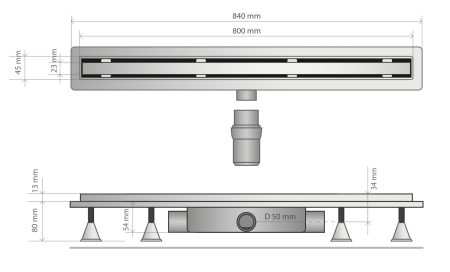 Дренажный канал 80 см, решетка под плитку, гидрозатвор, ABS, горизонтальный выход OMP Tea Basicflow 4943.203.8