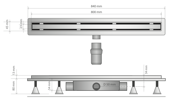 Дренажный канал 80 см, решетка под плитку, гидрозатвор, ABS, горизонтальный выход OMP Tea Basicflow 4943.203.8