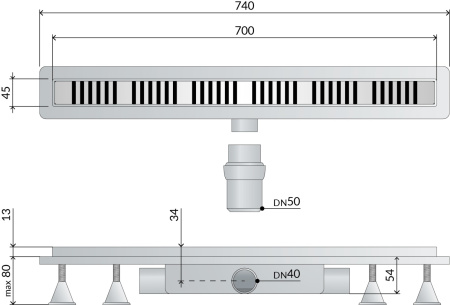 Дренажный канал 70 см, сухой затвор, ABS, горизонтальный выход OMP Tea Basicflow 4943.976.8