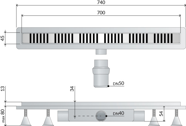Дренажный канал 70 см, сухой затвор, ABS, горизонтальный выход OMP Tea Basicflow 4943.976.8