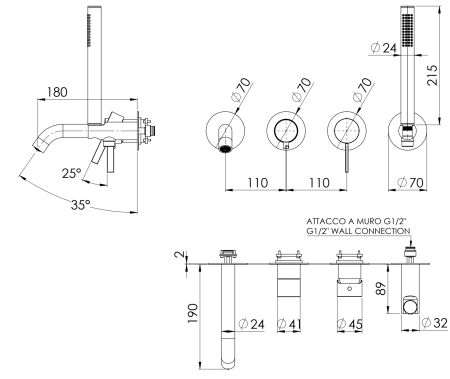 Смеситель для ванны Remer Metrica MC53D2PWBCFP, черный брашированный хром