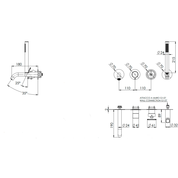 Смеситель для ванны Remer Chrono CH53D2PWBDO, золото глянцевое