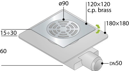Трап 120х120 мм, горизонтальный выход DN50 OMP Tea Tirana 2665.591.8