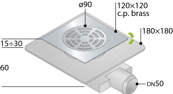 Трап 120х120 мм, горизонтальный выход DN50 OMP Tea Tirana 2665.591.8