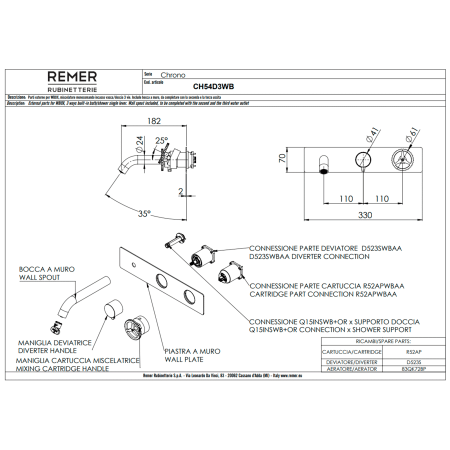 Смеситель для ванны Remer Chrono CH54D3WBBG, золото брашированное