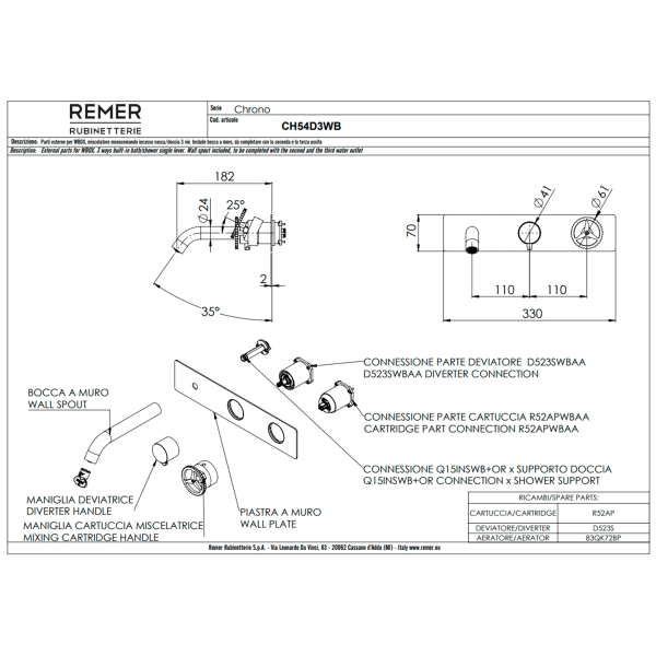 Смеситель для ванны Remer Chrono CH54D3WBCFP, черный брашированный хром