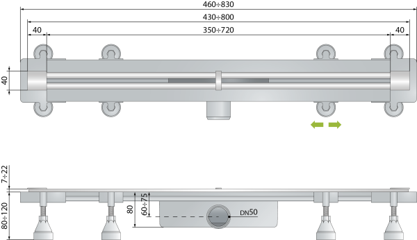 Дренажный канал 80 см, подрезаемый, гидрозатвор, ABS, горизонтальный выход OMP Tea Sumisura 983.201.8.3, золото брашированное