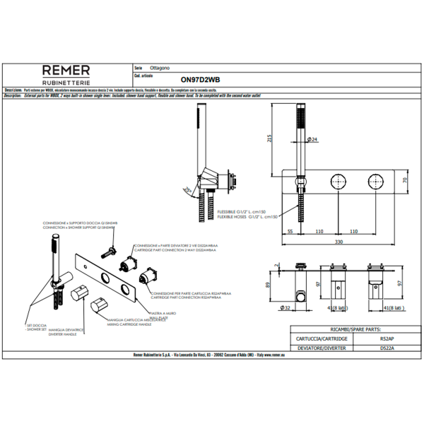 Смеситель для душа Remer Ottagono ON97D2WBXV, сталь
