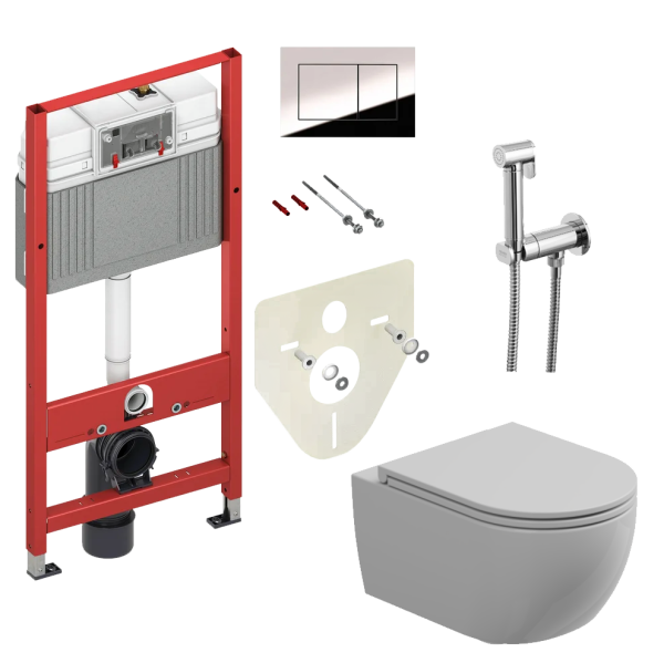 Комплект: Подвесной унитаз с крышкой и креплением GSG Ceramic Design Like LKWCSO000+LKCOPRSLTICR000+ACS40EX, белый глянцевый + инсталляция TECE Profil 9400412 c кнопкой + гигиенический душ Remer N64W