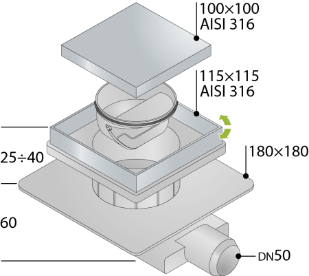 Трап 115х115 мм, решетка 2в1, горизонтальный выход OMP Tea Tirana 2665.592.8