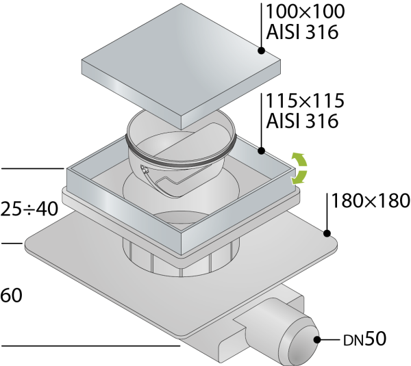 Трап 115х115 мм, решетка 2в1, горизонтальный выход OMP Tea Tirana 2665.592.8