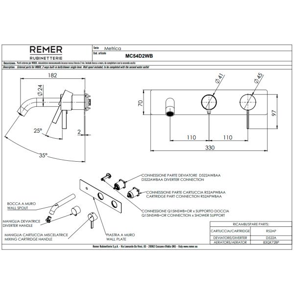 Смеситель для ванны Remer Metrica MC54D2WBDO, золото глянцевое