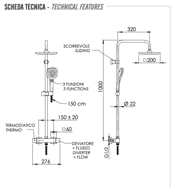 Душевая система термостатическая Remer Absolute ST32X8CPSD25