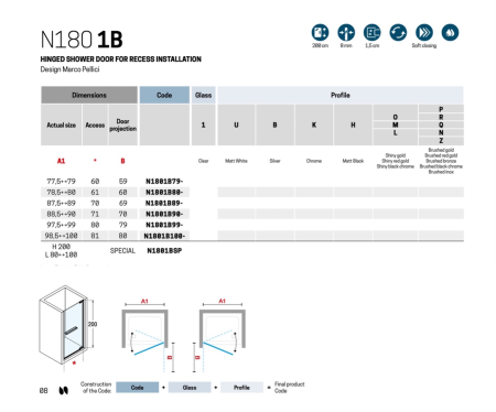 Дверь в нишу распашная 90 см (88,5-90x200) Novellini N180 N1801B90-1B, профиль Silver, стекло прозрачное CrystalClear