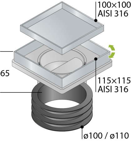 Трап 115х115 мм, решетка 2 в 1, сухой затвор OMP Tea Kalamata Tileable 9977.592.9