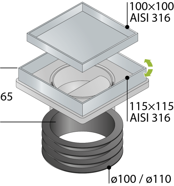 Трап 115х115 мм, решетка 2 в 1, сухой затвор OMP Tea Kalamata Tileable 9977.592.9