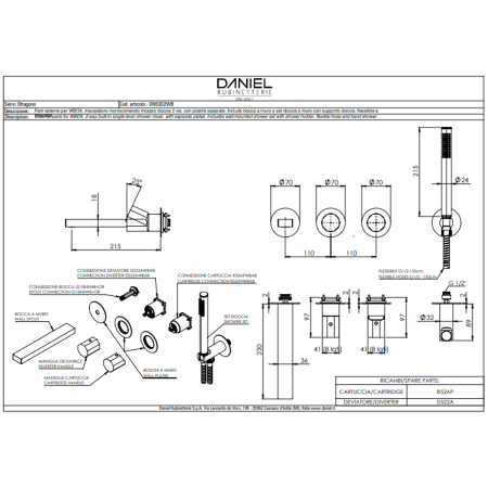 Смеситель для ванны Remer Ottagono ON53D2PWBGP, золото глянцевое PVD