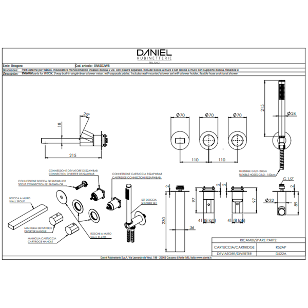 Смеситель для ванны Remer Ottagono ON53D2PWBXV, сталь