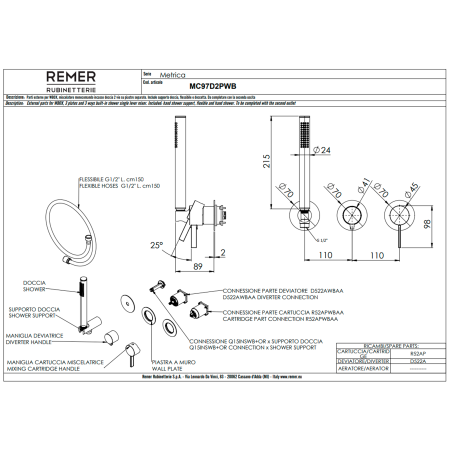 Смеситель для душа Remer Metrica MC97D2PWBBR, бронза масляная