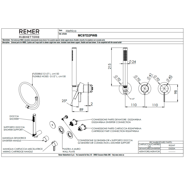 Смеситель для душа Remer Metrica MC97D2PWBBO, белый матовый