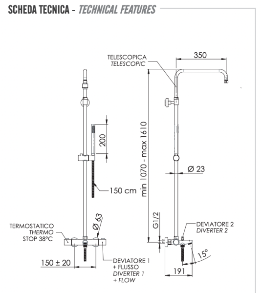 Душевая система термостатическая с изливом Remer Elegance EQ34A7MMSSOFDO, золото глянцевое