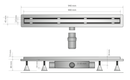 Дренажный канал 90 см, решетка под плитку, гидрозатвор, ABS, горизонтальный выход OMP Tea Basicflow 4943.303.8