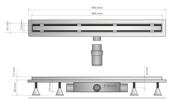 Дренажный канал 90 см, решетка под плитку, гидрозатвор, ABS, горизонтальный выход OMP Tea Basicflow 4943.303.8