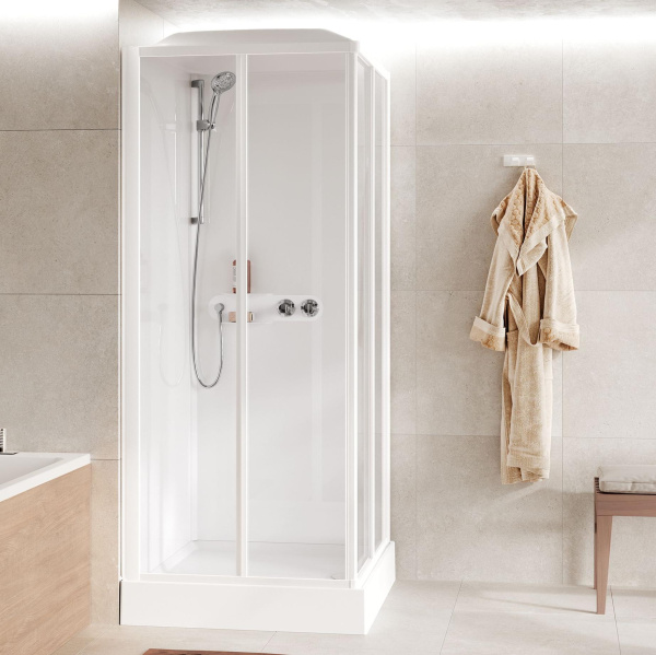 Душевая кабина 90х90x226 см, Standard с крышей, термостат, стекла прозрачные, цвет белый глянцевый Novellini Media Glass CM01RA90TF-1AA 
