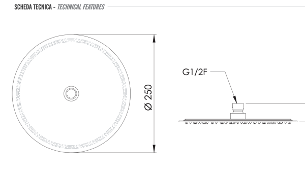 Верхний душ с шарнирным соединением 25 см Remer INOX SS357UFM25X, нержавеющая сталь 