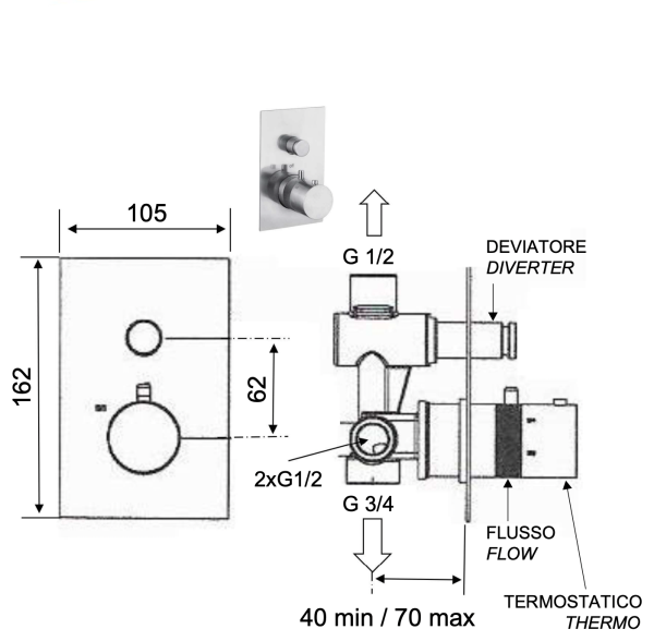 Смеситель термостатический для душа Remer X Style INOX SSXT09Q, нержавеющая сталь