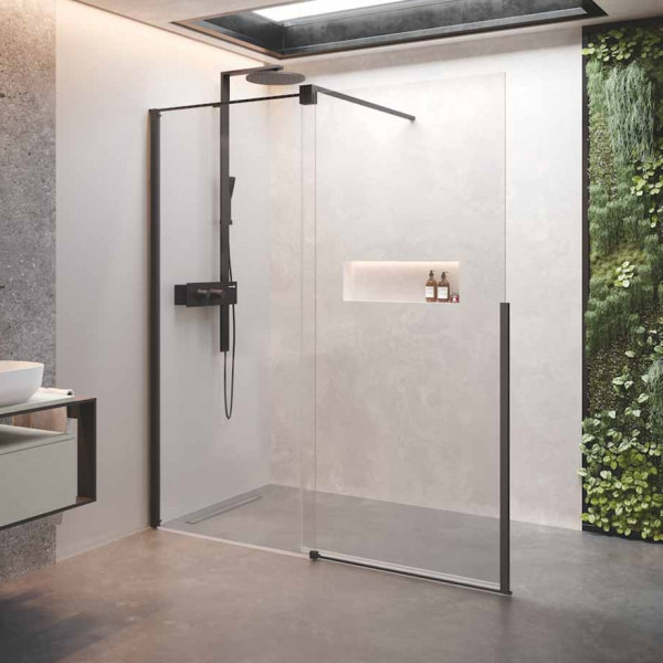 Дверь в нишу сдвижная 120 см (117-119x200) Novellini H Style HSTYLE120S-1H, левая, профиль Black Matt, стекло прозрачное CrystalClear