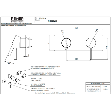 Смеситель для душа Remer Metrica MC92ZWBBG, золото брашированное