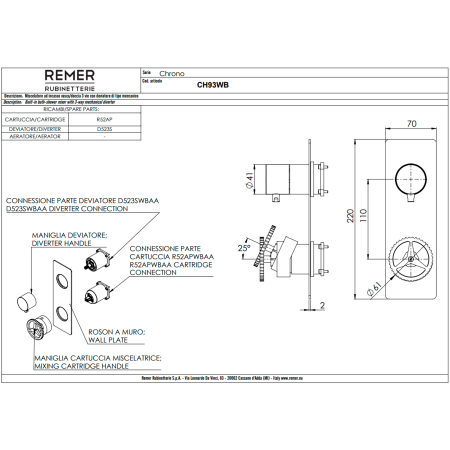 Смеситель для душа Remer Chrono CH93WBBG, золото брашированное