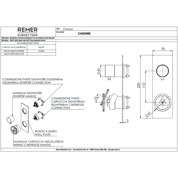 Смеситель для душа Remer Chrono CH93WBBG, золото брашированное