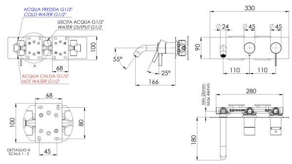 Смеситель для ванны Remer Metrica MC54D2CFP, черный брашированный хром