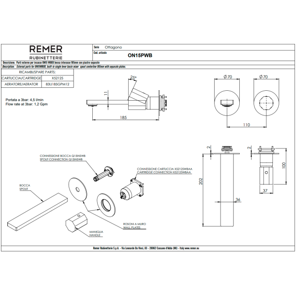 Смеситель для раковины Remer Ottagono ON15PWBCH, шампань брашированная PVD