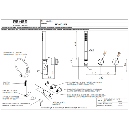Смеситель для душа Remer Metrica MC97D3WBDO, золото глянцевое